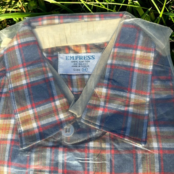 VTG 70s EMPRESS BOYS SPORTS SHIRT BLUE YELLOW PLAID BUTTON DOWN SIZE 14 COTTON - Picture 3 of 3
